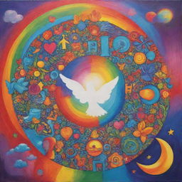 A 2D artwork centered around the theme of hope, full of vibrant colors and meaningful symbols that convey a sense of optimism and aspiration