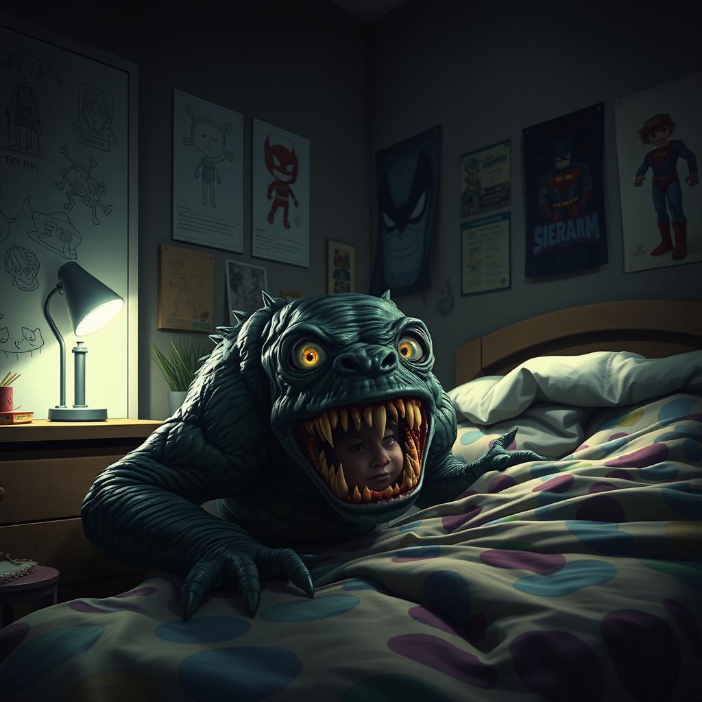 A frightening yet imaginative scene of a child's bedroom at night, showcasing a terrifying but slightly exaggerated monster lurking under the bed