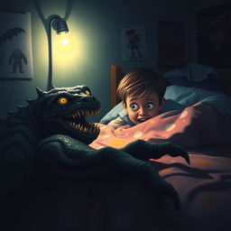 A frightening yet imaginative scene of a child's bedroom at night, showcasing a terrifying but slightly exaggerated monster lurking under the bed