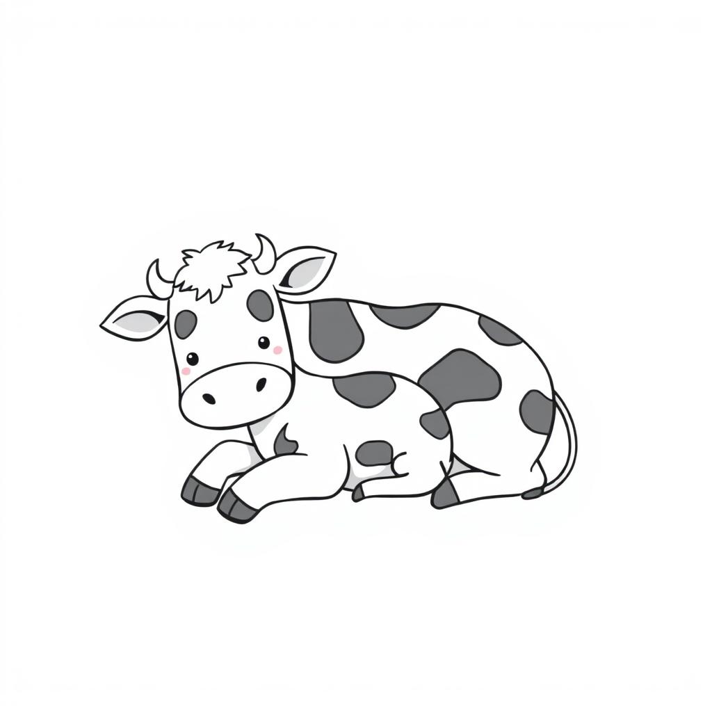 A charming black and white drawing of a cute cow and her calf lying together