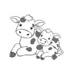 A charming black and white drawing of a cute cow and her calf lying together