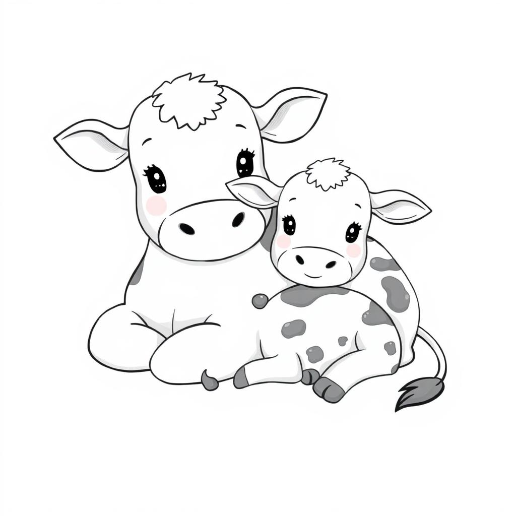 A charming black and white drawing of a cute cow and her calf lying together