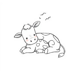 A charming black and white drawing of a cute cow and her calf lying together