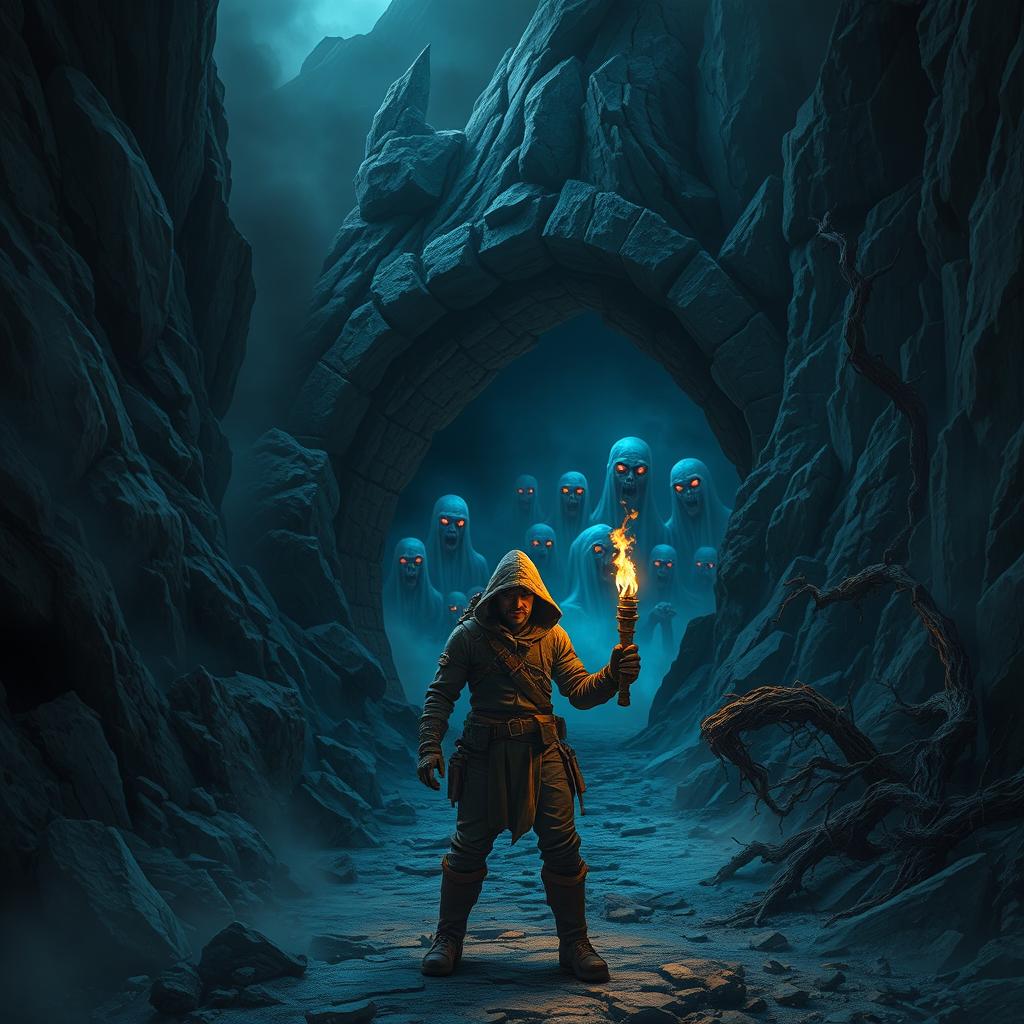 A dark and foreboding scene of a cursed mountain tunnel, with jagged rocks and eerie fog spilling out from the entrance