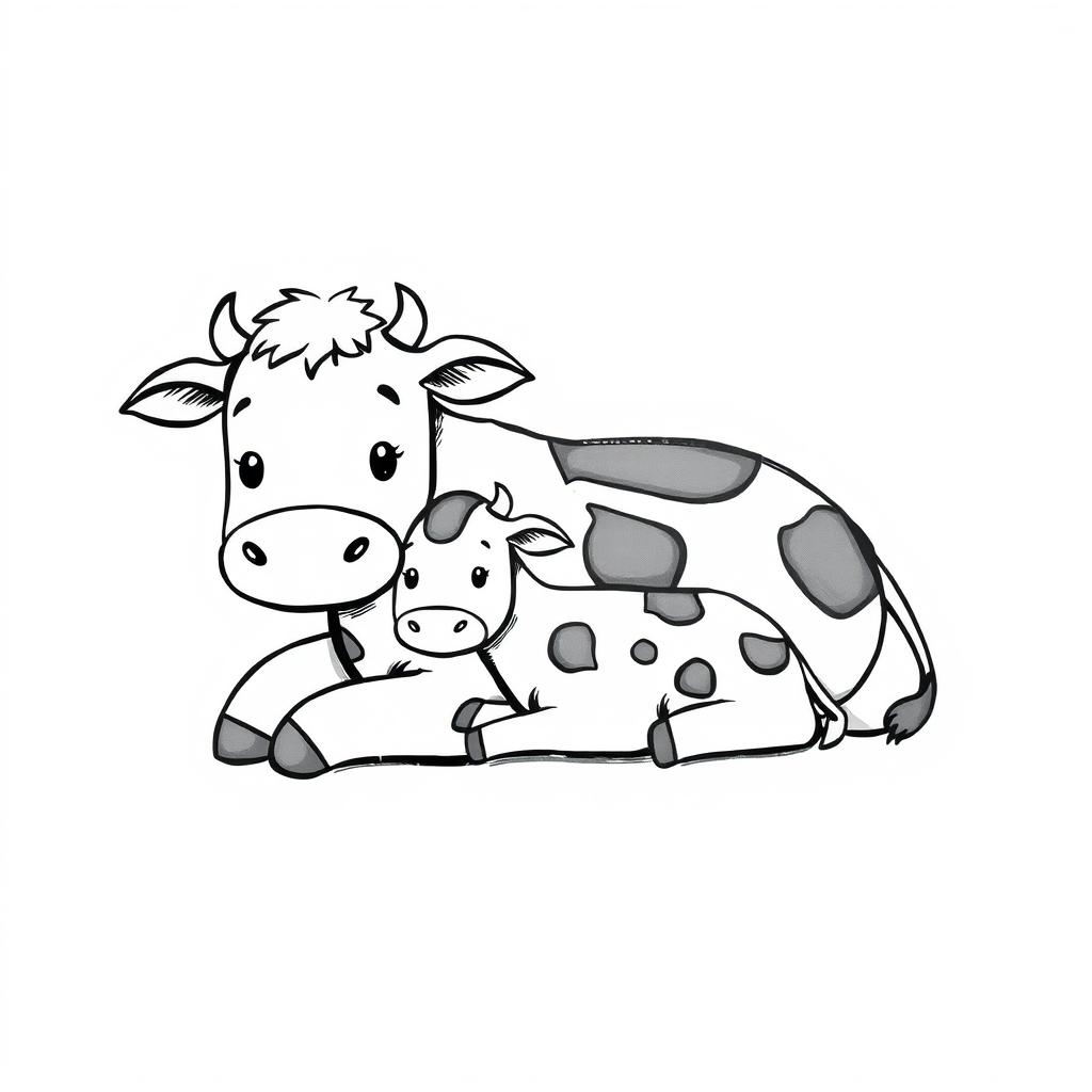 A delightful black and white drawing of a cute cow and her calf lying together