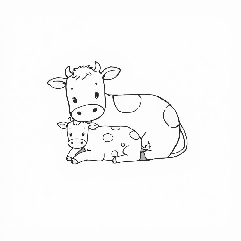 A delightful black and white drawing of a cute cow and her calf lying together