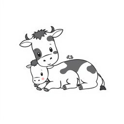 A delightful black and white drawing of a cute cow and her calf lying together