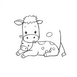 A delightful black and white drawing of a cute cow and her calf lying together