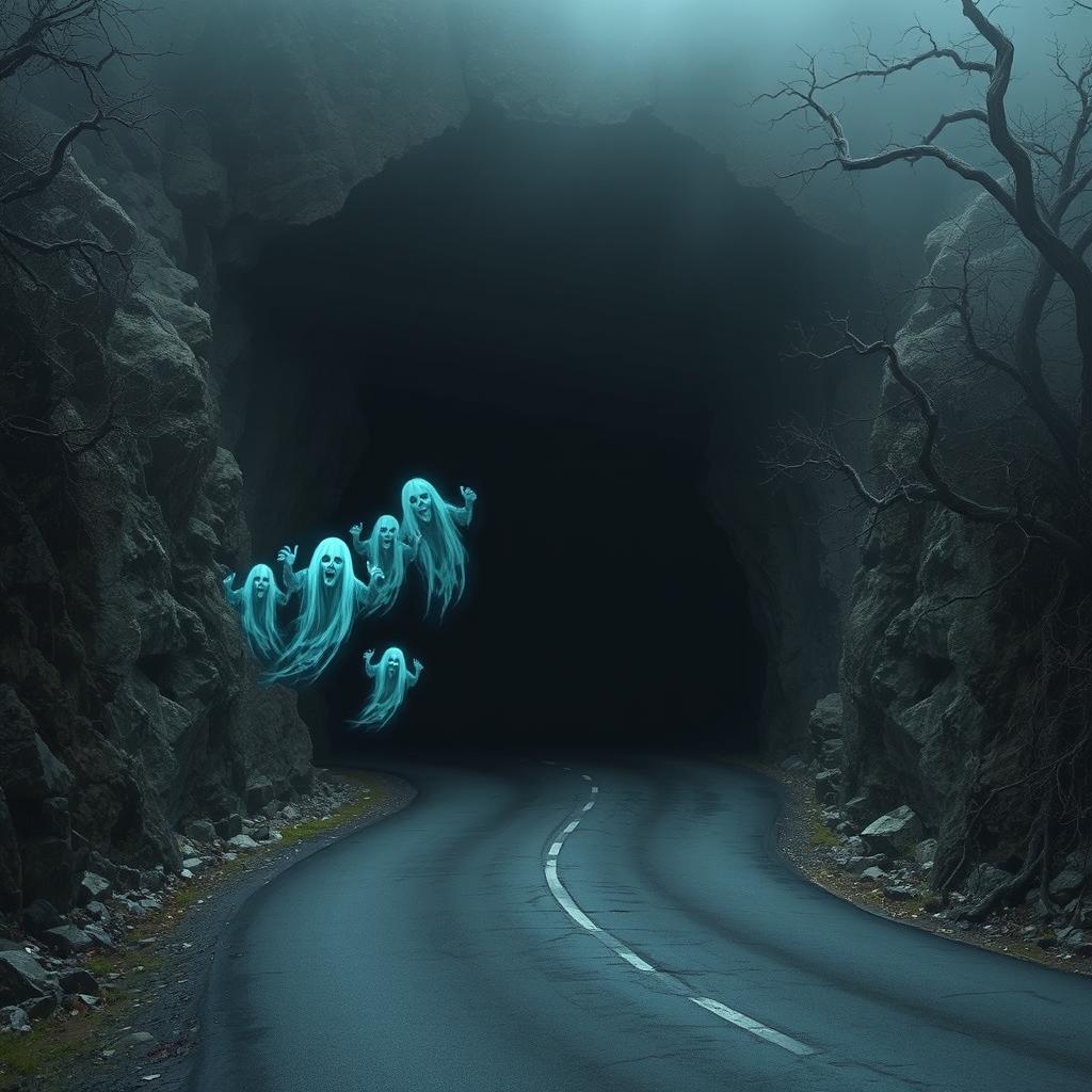 A dark and eerie depiction of a cursed mountain tunnel designed for vehicles, set within a rocky landscape