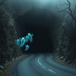 A dark and eerie depiction of a cursed mountain tunnel designed for vehicles, set within a rocky landscape