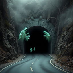 A dark and eerie depiction of a cursed mountain tunnel designed for vehicles, set within a rocky landscape