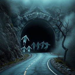 A dark and eerie depiction of a cursed mountain tunnel designed for vehicles, set within a rocky landscape