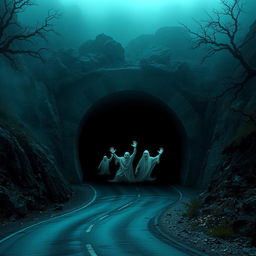 A dark and eerie depiction of a cursed mountain tunnel designed for vehicles, set within a rocky landscape