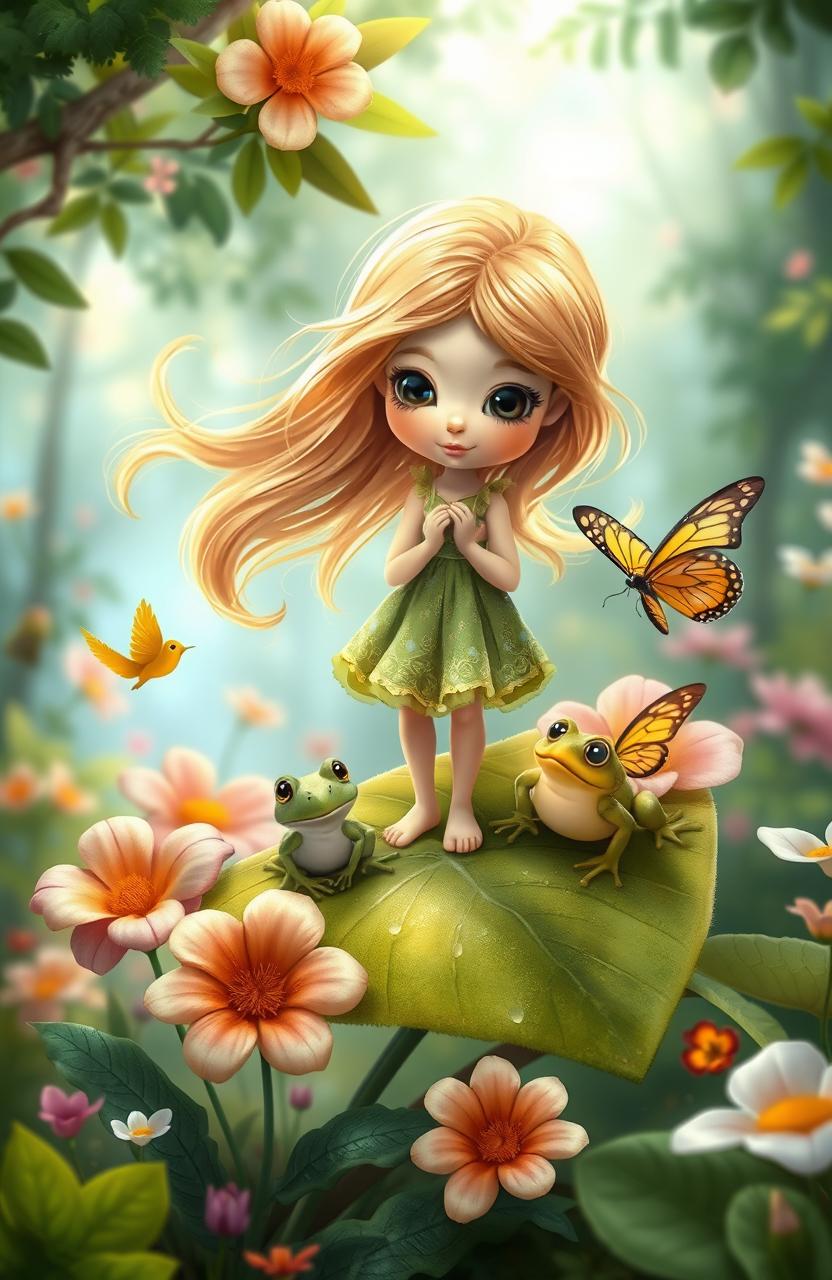 A whimsical and enchanting depiction inspired by the fairy tale "Thumbelina" by Hans Christian Andersen, featuring a tiny girl with delicate features and flowing golden hair, surrounded by vibrant flowers and lush greenery