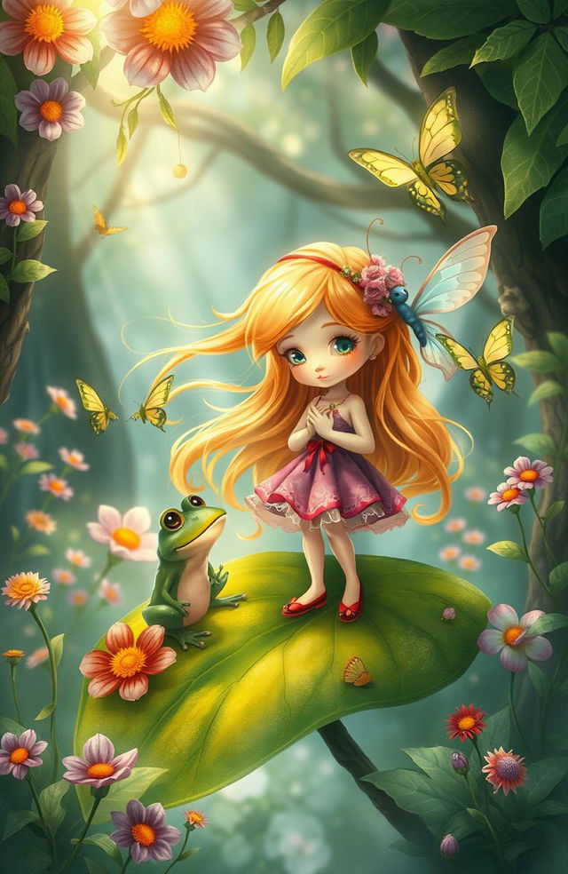 A whimsical and enchanting depiction inspired by the fairy tale "Thumbelina" by Hans Christian Andersen, featuring a tiny girl with delicate features and flowing golden hair, surrounded by vibrant flowers and lush greenery