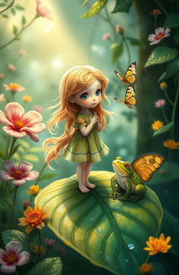 A whimsical and enchanting depiction inspired by the fairy tale "Thumbelina" by Hans Christian Andersen, featuring a tiny girl with delicate features and flowing golden hair, surrounded by vibrant flowers and lush greenery