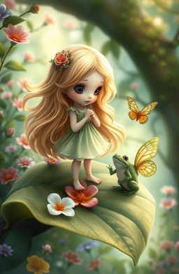 A whimsical and enchanting depiction inspired by the fairy tale "Thumbelina" by Hans Christian Andersen, featuring a tiny girl with delicate features and flowing golden hair, surrounded by vibrant flowers and lush greenery