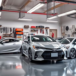 A spacious garage designed to accommodate three Toyota cars, featuring a sleek arrangement of the vehicles with one in front and two parked beside it