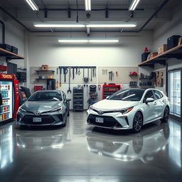 A spacious garage designed to accommodate three Toyota cars, featuring a sleek arrangement of the vehicles with one in front and two parked beside it