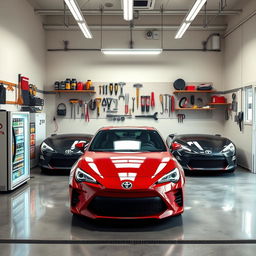 A spacious garage designed to accommodate three Toyota cars, featuring a sleek arrangement of the vehicles with one in front and two parked beside it