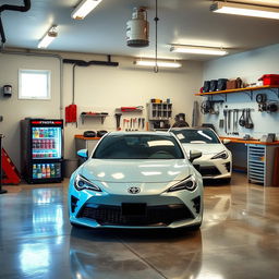 A spacious garage designed to accommodate three Toyota cars, featuring a sleek arrangement of the vehicles with one in front and two parked beside it