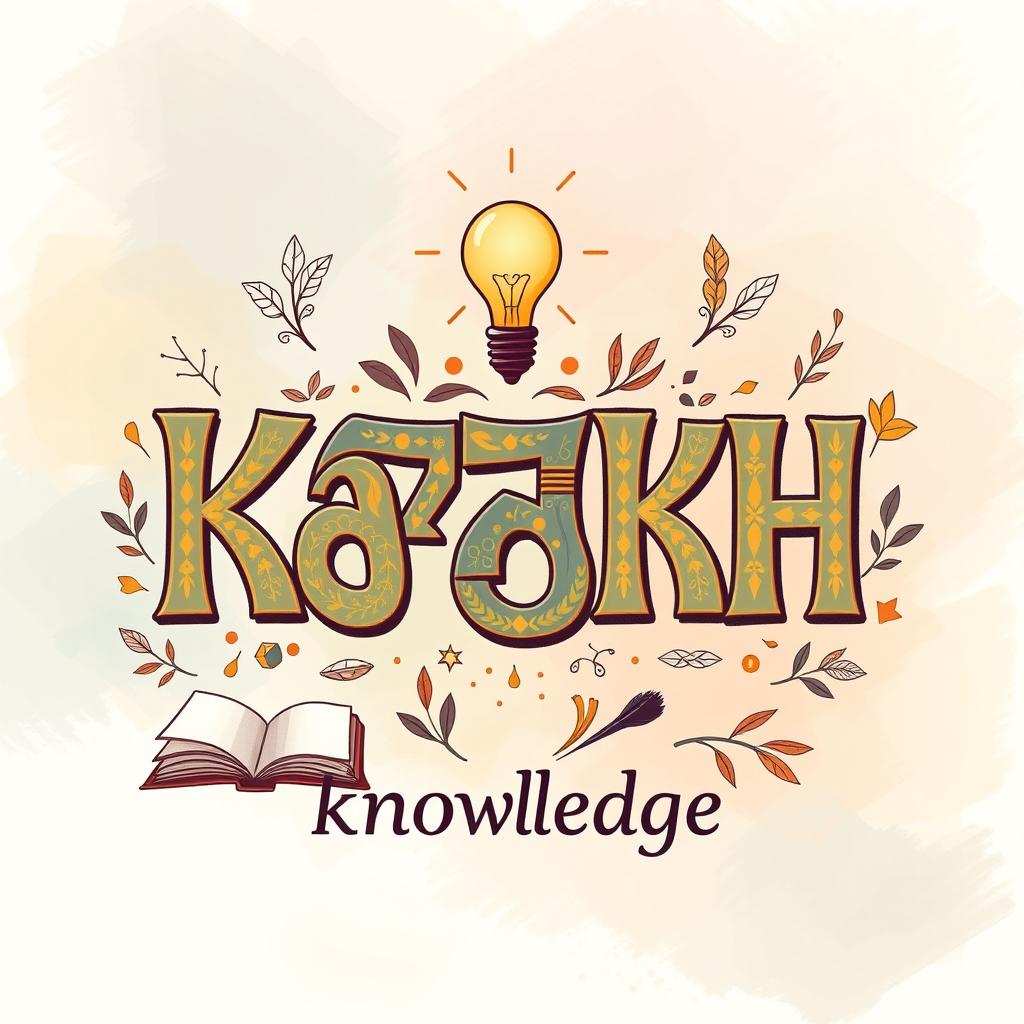 A creative illustration of the Kazakh alphabet focusing specifically on the letters representing 'knowledge'