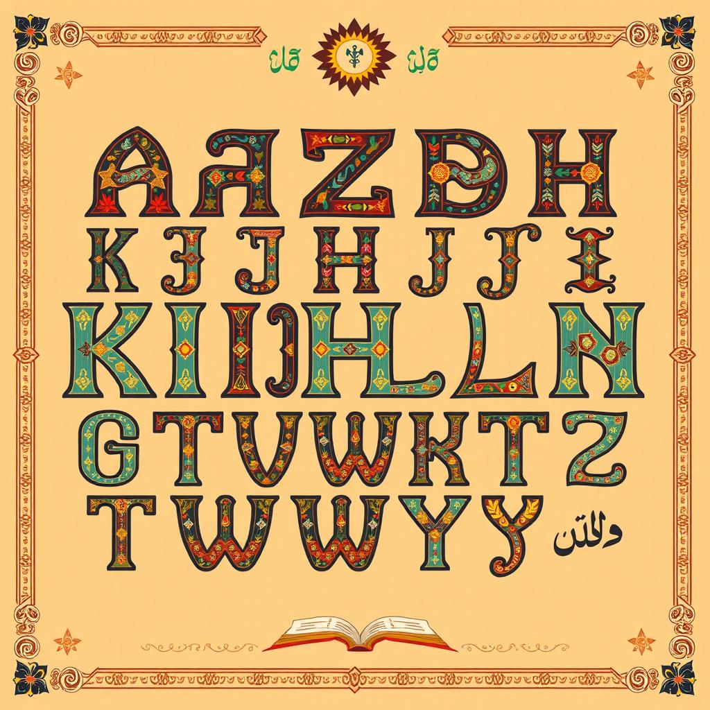 A visually striking illustration of the Kazakh alphabet, emphasizing the letters that symbolize 'knowledge', designed with traditional Kazakh artistry