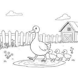 A delightful black and white drawing of a cheerful country scene depicting a large mother duck walking in a puddle of water, closely followed by five adorable ducklings