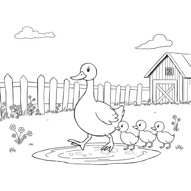 A delightful black and white drawing of a cheerful country scene depicting a large mother duck walking in a puddle of water, closely followed by five adorable ducklings