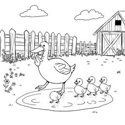 A delightful black and white drawing of a cheerful country scene depicting a large mother duck walking in a puddle of water, closely followed by five adorable ducklings