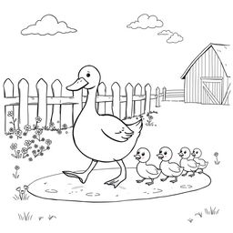 A delightful black and white drawing of a cheerful country scene depicting a large mother duck walking in a puddle of water, closely followed by five adorable ducklings