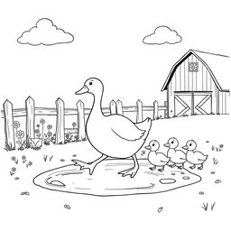 A delightful black and white drawing of a cheerful country scene depicting a large mother duck walking in a puddle of water, closely followed by five adorable ducklings