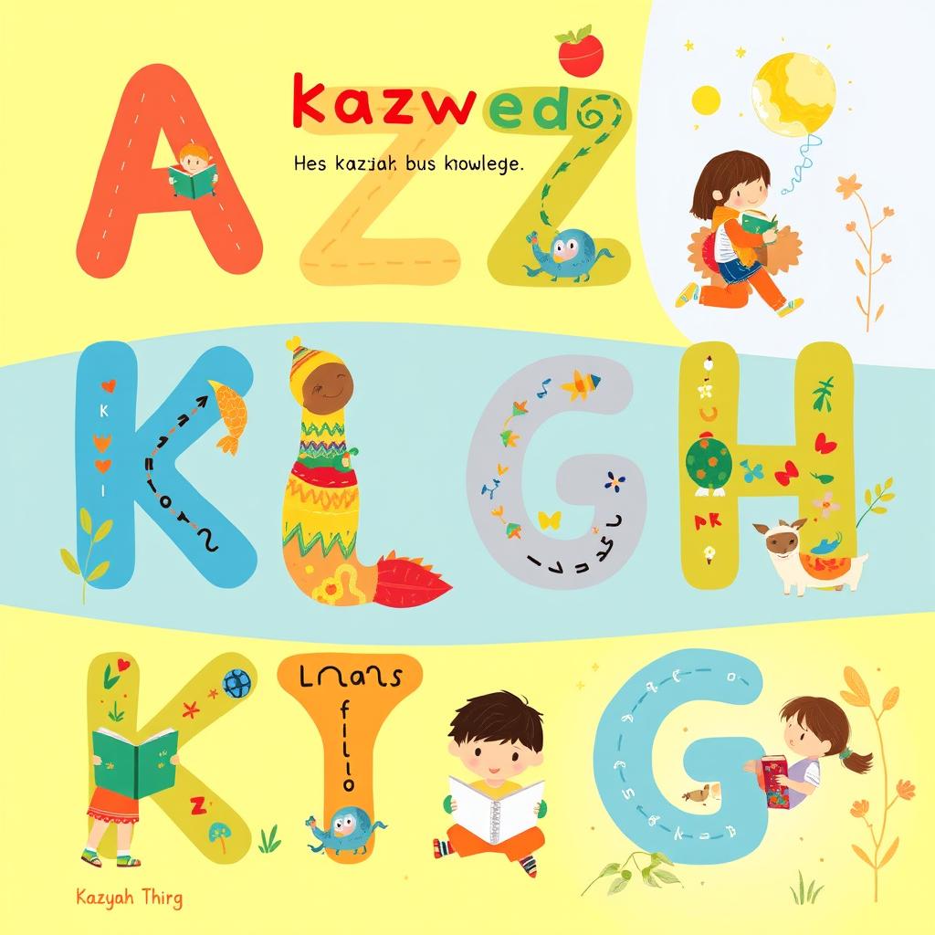 A delightful illustration for a children's book featuring the Kazakh alphabet, particularly focusing on the letters that symbolize 'knowledge'