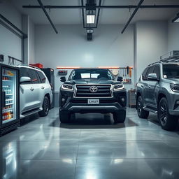 A spacious garage designed to accommodate three vehicles: a Toyota Land Cruiser, a Lexus LX, and a Toyota Hilux