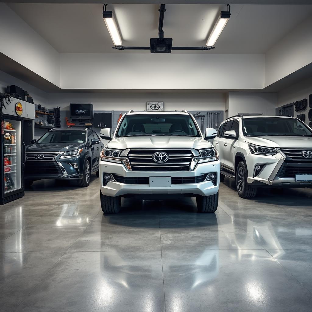 A spacious garage designed to accommodate three vehicles: a Toyota Land Cruiser, a Lexus LX, and a Toyota Hilux