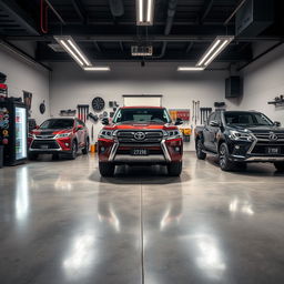 A spacious garage designed to accommodate three vehicles: a Toyota Land Cruiser, a Lexus LX, and a Toyota Hilux