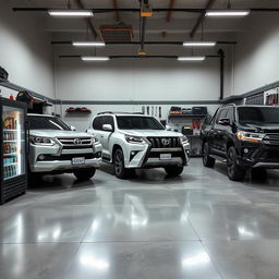 A spacious garage designed to accommodate three vehicles: a Toyota Land Cruiser, a Lexus LX, and a Toyota Hilux