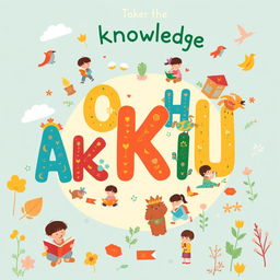 An enchanting illustration for a children's book featuring the Kazakh alphabet, focusing on the letters that symbolize 'knowledge' with a Kazakh design theme