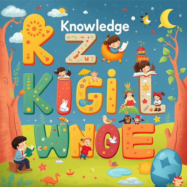 An enchanting illustration for a children's book featuring the Kazakh alphabet, focusing on the letters that symbolize 'knowledge' with a Kazakh design theme