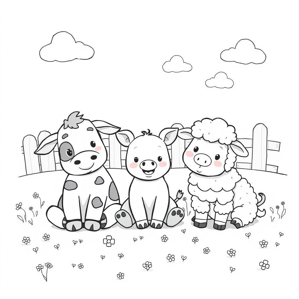 A delightful black and white drawing of three cute farm animals sitting together in a field