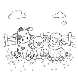 A delightful black and white drawing of three cute farm animals sitting together in a field