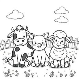 A delightful black and white drawing of three cute farm animals sitting together in a field