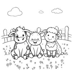 A delightful black and white drawing of three cute farm animals sitting together in a field