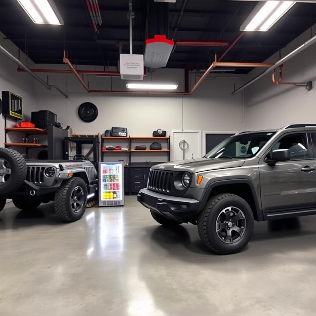 A spacious garage designed to accommodate two vehicles: a Jeep Wrangler and a Jeep Cherokee