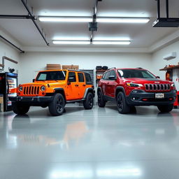 A spacious garage designed to accommodate two vehicles: a Jeep Wrangler and a Jeep Cherokee