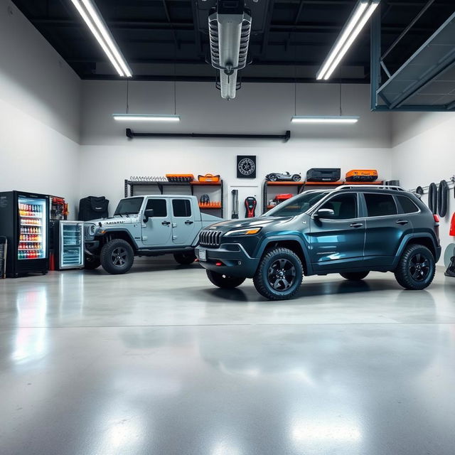 A spacious garage designed to accommodate two vehicles: a Jeep Wrangler and a Jeep Cherokee