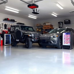 A spacious garage designed to accommodate two vehicles: a Jeep Wrangler and a Jeep Cherokee