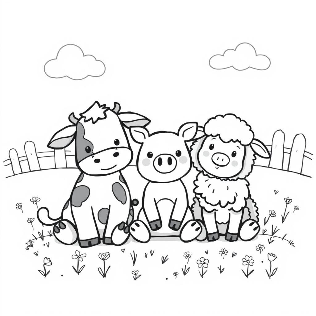 A charming black and white drawing of three cute farm animals sitting together in a field