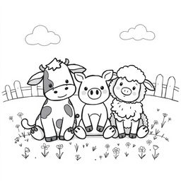 A charming black and white drawing of three cute farm animals sitting together in a field