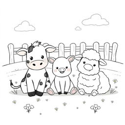 A charming black and white drawing of three cute farm animals sitting together in a field